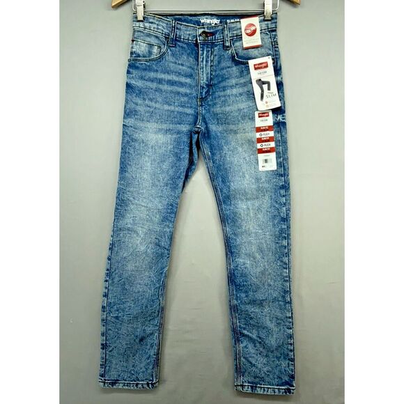 Wrangler Jeans BOY 14 SLIM Blue Acid Wash Straight Stretch Adjustable Waist Flex - Picture 1 of 16